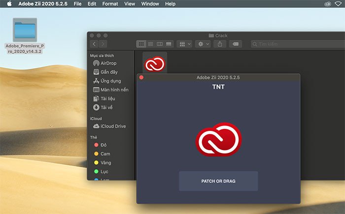 Giao diện công cụ crack Adobe Premiere Pro, chọn PATCH OR DRAG để hoàn tất trên MacBook