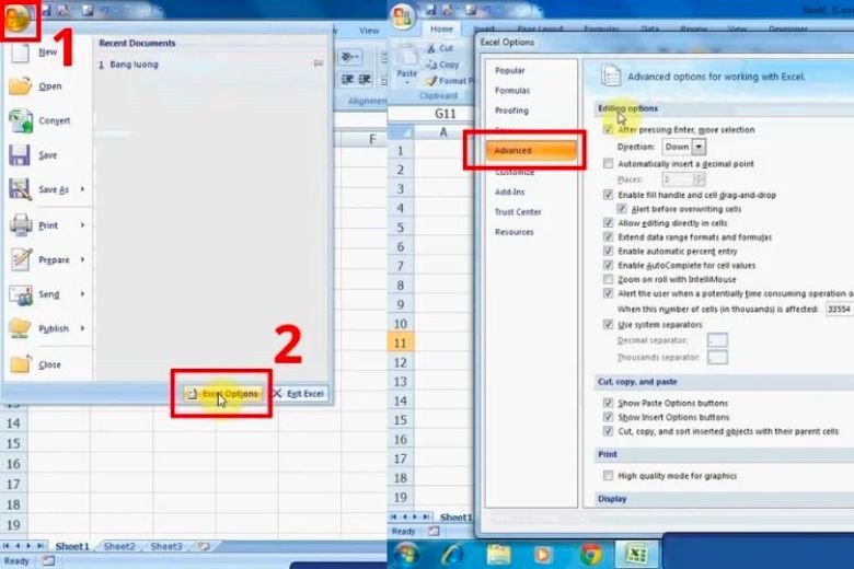 Giao diện Excel 2010 với nút Office Button để truy cập tùy chọn