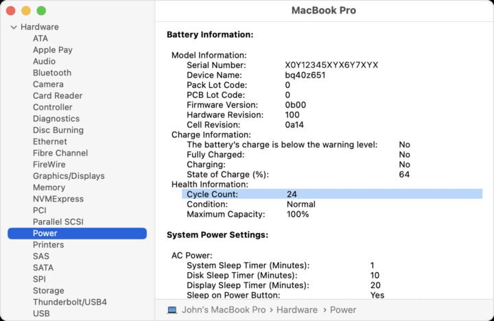 Giao diện Hệ thống Thông tin Mac, chi tiết tình trạng và chu kỳ sạc pin MacBook Air.