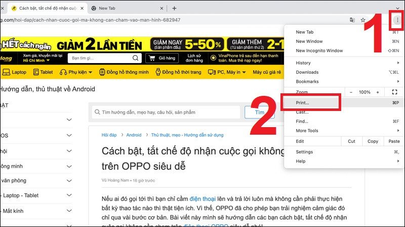 Giao diện in trong Google Chrome trên Macbook