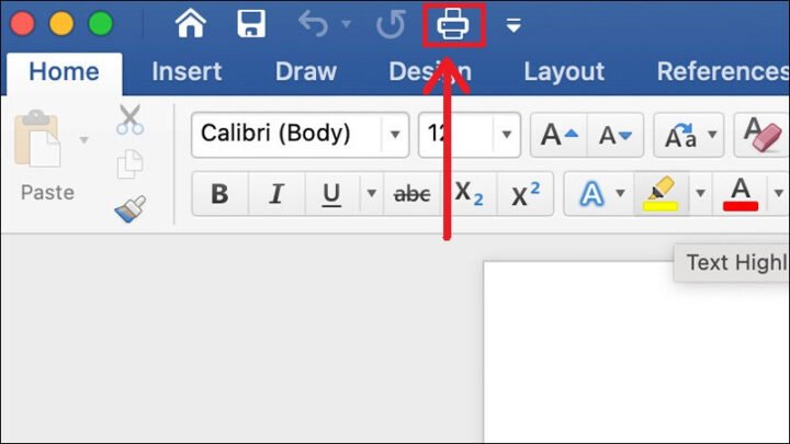 Giao diện in trong Microsoft Word trên Macbook
