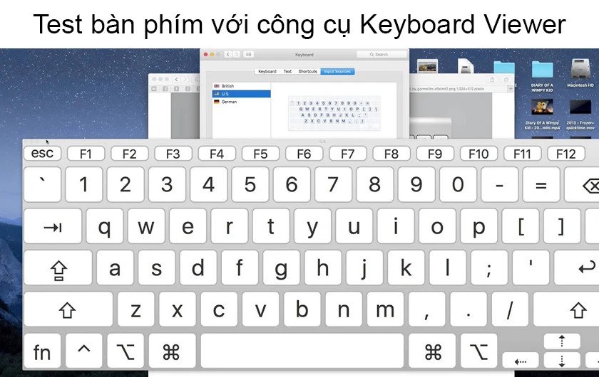 Giao diện Keyboard Viewer hiển thị bàn phím ảo trên màn hình MacBook