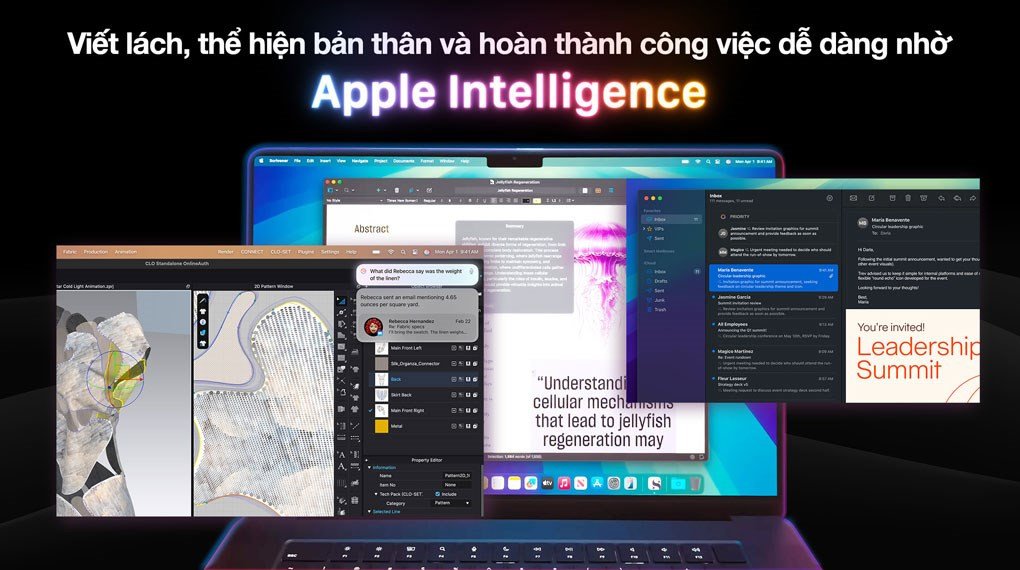 Giao diện macOS với các tính năng AI, minh họa khả năng hỗ trợ tác vụ thông minh của MacBook Pro M4, một yếu tố quan trọng khi xem xét macbook nên mua loại nào.