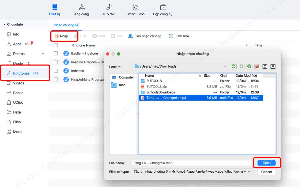 Giao diện nhập nhạc chuông trong 3uTools, hỗ trợ cài đặt nhạc chuông cho iPhone từ MacBook.