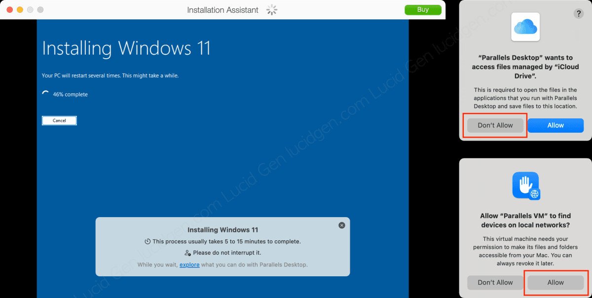 Giao diện Parallels xin cấp quyền truy cập mạng và các tính năng quan trọng cho máy ảo Windows.