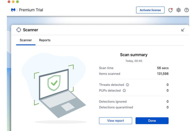 Giao diện phần mềm Malwarebytes hiển thị kết quả quét virus trên MacBook