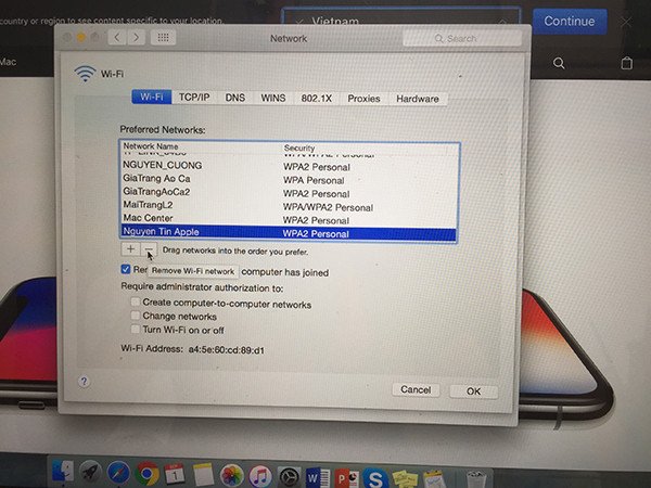 Giao diện quản lý các mạng wifi đã lưu trên Macbook Pro