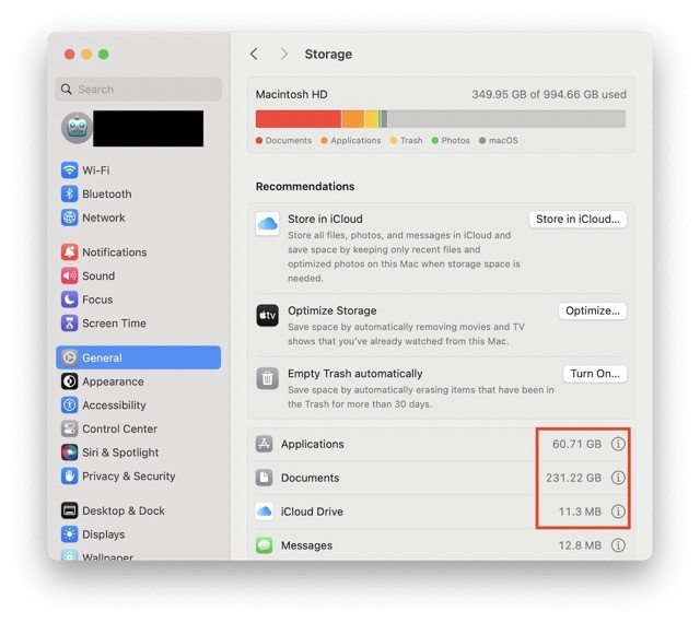 Giao diện quản lý dung lượng giúp tìm và xoá thư mục lớn trên MacBook