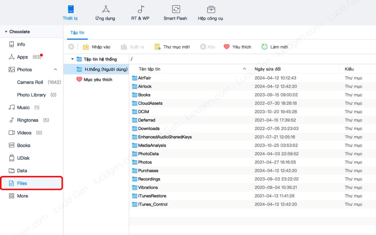 Giao diện quản lý file của 3uTools, giúp người dùng dễ dàng sắp xếp và chuyển dữ liệu iPhone trên MacBook.