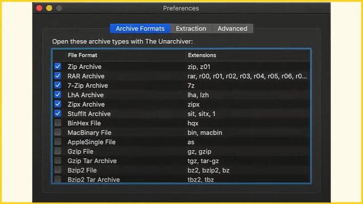 Giao diện The Unarchiver hiển thị khả năng giải nén nhiều định dạng tệp khác nhau trên macOS