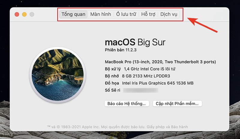 Giao diện Tổng quan hiển thị các thông tin cơ bản về cấu hình MacBook