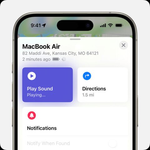 Giao diện ứng dụng Find My hiển thị các tùy chọn để tìm kiếm macbook bị mất, bao gồm phát âm thanh và chỉ đường.