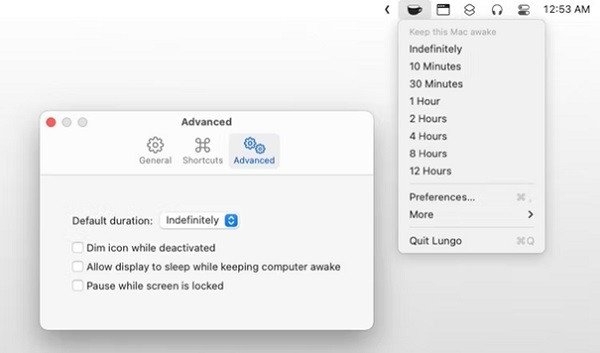 Giao diện ứng dụng Lungo cho phép người dùng lựa chọn thời gian giữ màn hình MacBook không tắt