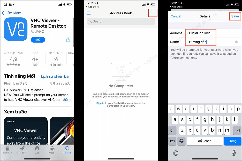 Giao diện VNC Viewer trên iPhone, nơi nhập địa chỉ IP hoặc tên MacBook để kết nối