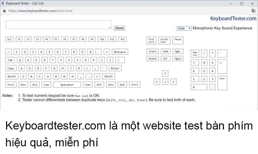 Giao diện website Keyboardtester.com dùng để kiểm tra phím MacBook