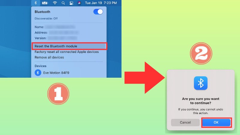 Giữ Shift + Option, nhấn vào biểu tượng Bluetooth và chọn "Reset the Bluetooth module" để khắc phục sự cố kết nối chuột Bluetooth với MacBook