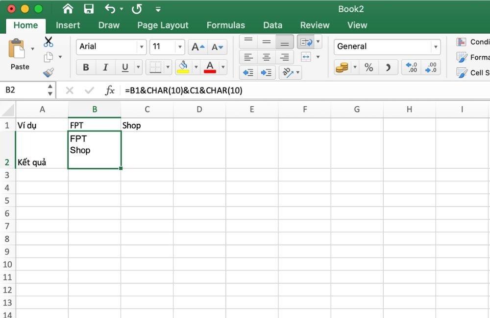 Hàm CHAR(10) để gộp ô và xuống dòng trong Excel trên MacBook