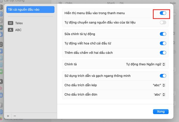 Hiển thị biểu tượng bộ gõ Telex trên thanh menu MacBook