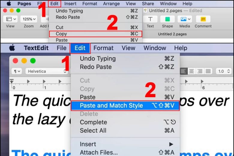 Hình ảnh minh họa tùy chọn Paste and Match Style trong menu Edit trên MacBook