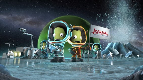 Hình ảnh tên lửa đang phóng lên không gian với các nhân vật Kerbal dễ thương, thể hiện tính giáo dục của game.