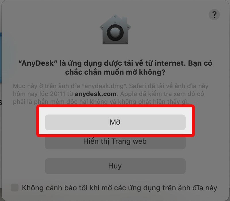 Hộp thoại xác nhận mở ứng dụng AnyDesk từ nguồn không xác định trên macOS