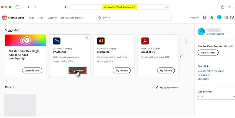 Hướng dẫn cài đặt phần mềm Photoshop cho Macbook qua nút 'Try for free' trên Creative Cloud