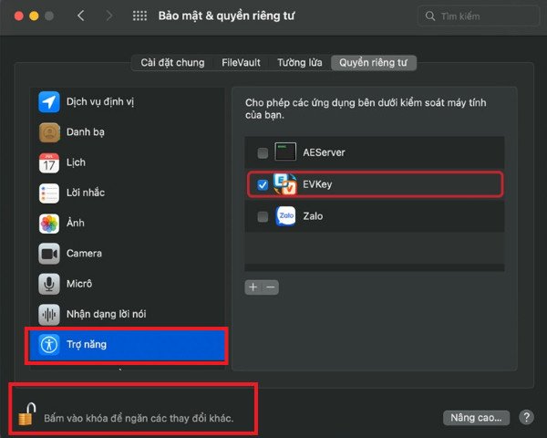 Hướng dẫn cấp quyền truy cập đầy đủ cho EVKey trong mục Trợ năng (Accessibility) của macOS, bước quan trọng để cài đặt bộ gõ tiếng Việt MacBook.