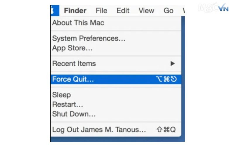 Hướng dẫn tắt hết tab và ứng dụng bị treo trên MacBook bằng Force Quit từ menu Apple.
