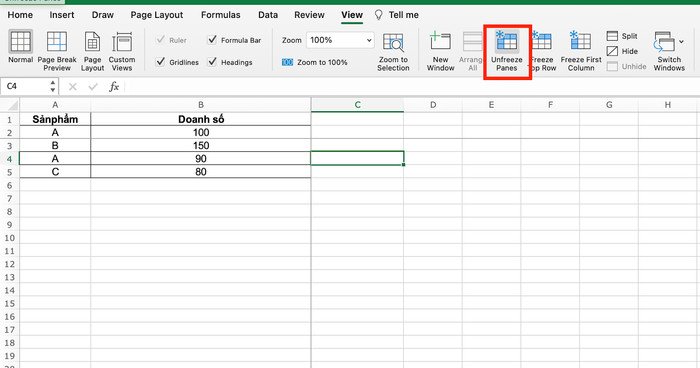 Hủy cố định cột trong Excel trên MacBook