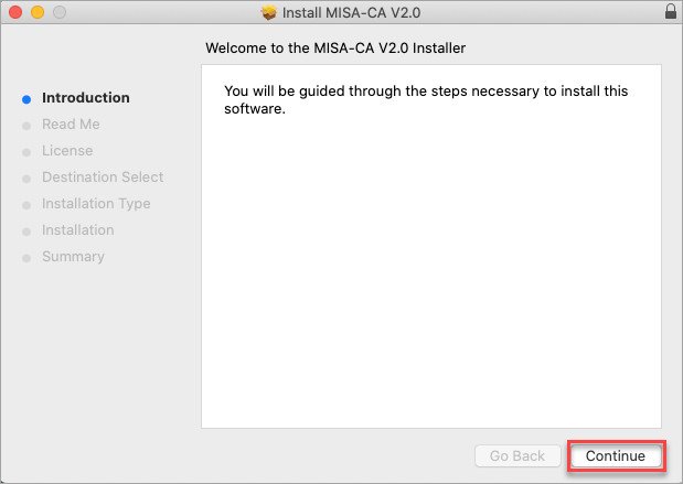 Install MISA-CA V2.0 screen - Continue