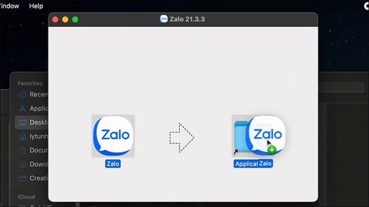 Kéo thả biểu tượng ứng dụng Zalo vào thư mục Applications để cài đặt trên MacBook