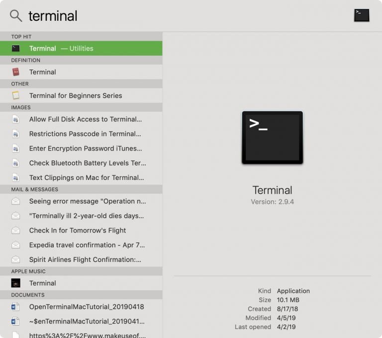 Khởi động ứng dụng Terminal từ Spotlight trên MacBook