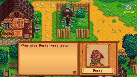 Khung cảnh nông trại trong Stardew Valley với nhà cửa, cây trồng và vật nuôi, biểu tượng của lối sống nông trại.