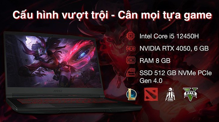 Laptop MSI Gaming GF63 Thin 12VE i5 12450H với thiết kế gaming hầm hố và đèn bàn phím nổi bật, thể hiện hiệu năng vượt trội cho game thủ
