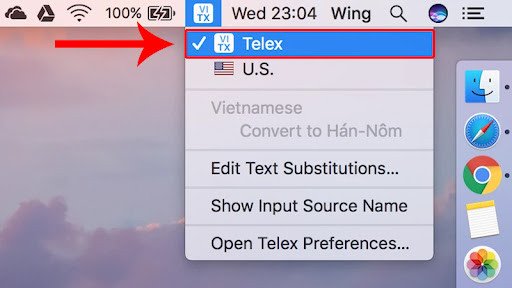 Lựa chọn bộ gõ tiếng Việt mong muốn từ thanh menu trên MacBook Air