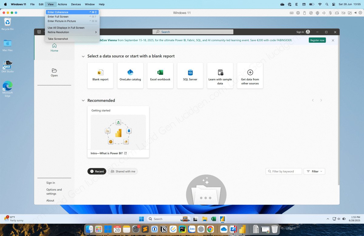 Lựa chọn chế độ Coherence để tối ưu trải nghiệm ứng dụng Windows trên macOS với phần mềm giả lập.