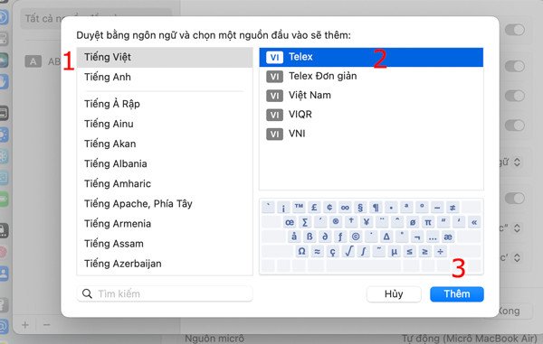Lựa chọn kiểu gõ Telex trong danh sách ngôn ngữ Tiếng Việt