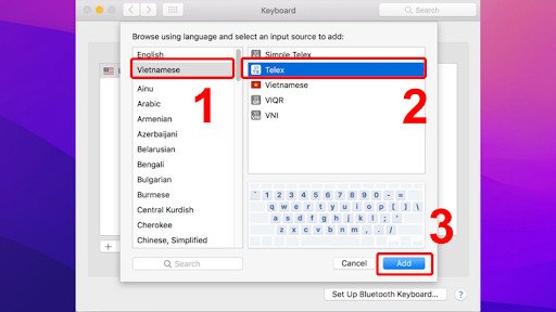 Lựa chọn kiểu gõ tiếng Việt (Telex/VNI) để hoàn tất cài đặt