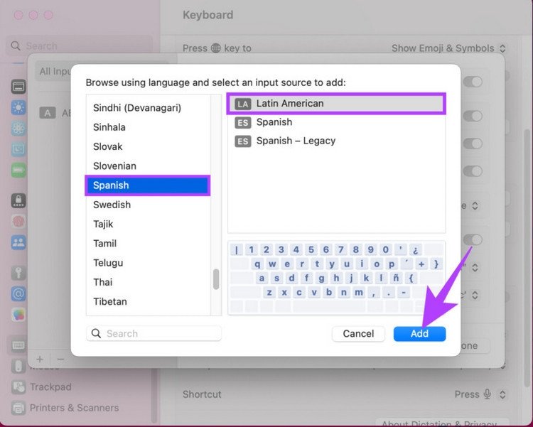 Lựa chọn layout và ngôn ngữ bàn phím để thêm vào MacBook