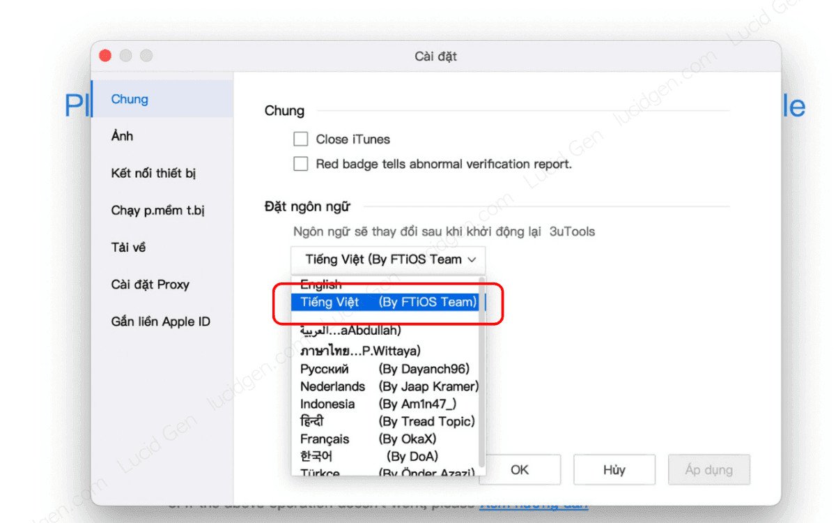 Lựa chọn ngôn ngữ Tiếng Việt trong 3uTools giúp người dùng MacBook dễ dàng thao tác hơn.
