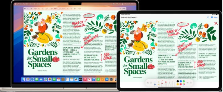 MacBook Air và iPad hoạt động như màn hình mở rộng, hiển thị bản sửa tài liệu kỹ thuật số