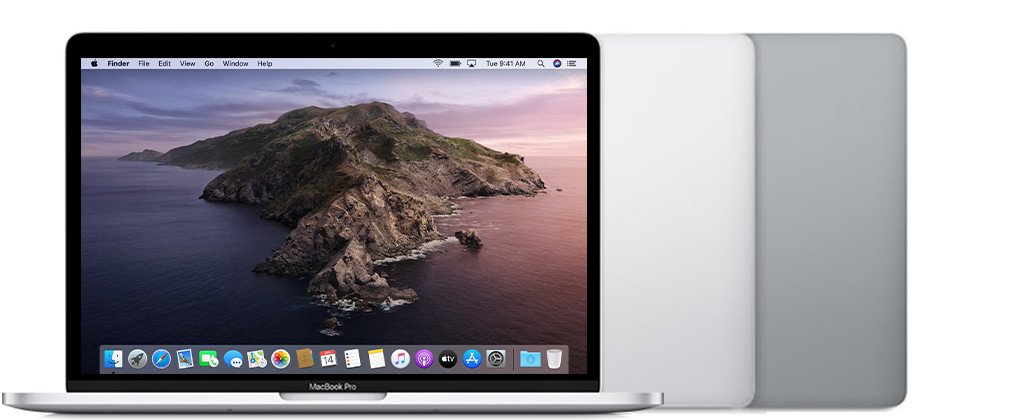 MacBook Pro 13 inch đời 2020 với bốn cổng Thunderbolt 3, có sẵn trong màu bạc và xám không gian. Hình ảnh này giúp người dùng dễ dàng nhận diện phiên bản máy khi muốn kiểm tra số serial MacBook Pro.
