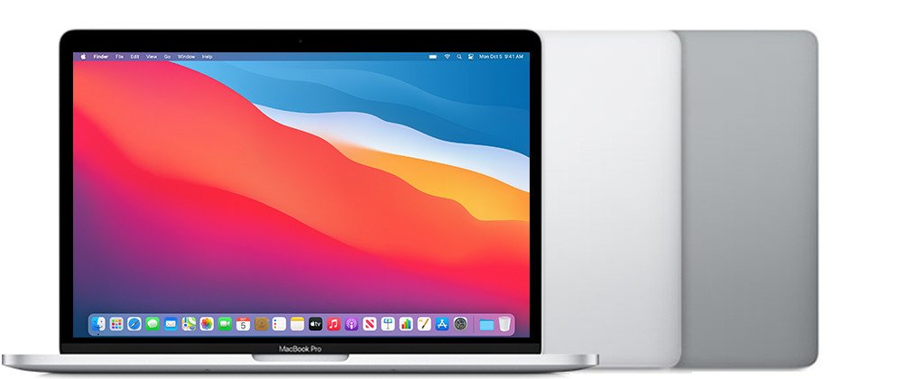 MacBook Pro 13 inch trang bị chip M1, ra mắt cuối năm 2020, với màu bạc và xám không gian. Đây là một trong những mẫu máy đầu tiên sử dụng chip tự phát triển của Apple, cần kiểm tra số serial MacBook Pro để xác định rõ thông số.