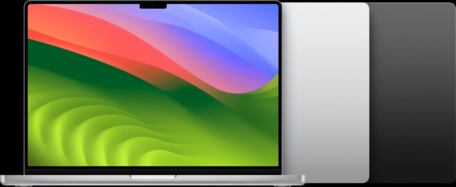 MacBook Pro 16 inch đời tháng 11 năm 2023, trang bị chip M3 Pro hoặc M3 Max, có màu bạc và đen không gian. Hình ảnh cung cấp thông tin trực quan khi muốn kiểm tra số serial MacBook Pro.