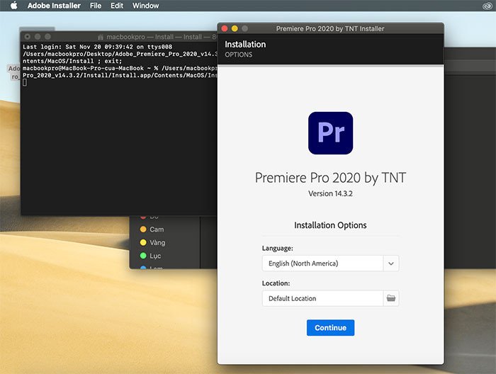 Màn hình chào mừng cài đặt Adobe Premiere Pro, nhấn Continue để bắt đầu trên MacBook
