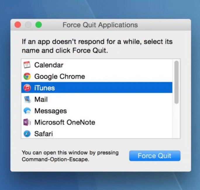 Màn hình Force Quit Applications hiển thị các ứng dụng đang chạy và tùy chọn buộc thoát
