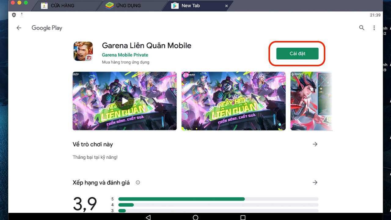 Màn hình Google Play trong BlueStacks hiển thị game Liên Quân Mobile, minh họa cách tải game trước đây trên MacBook