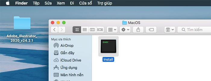 Màn hình hiển thị quá trình giải nén và mở file cài đặt Adobe Illustrator trên Macbook