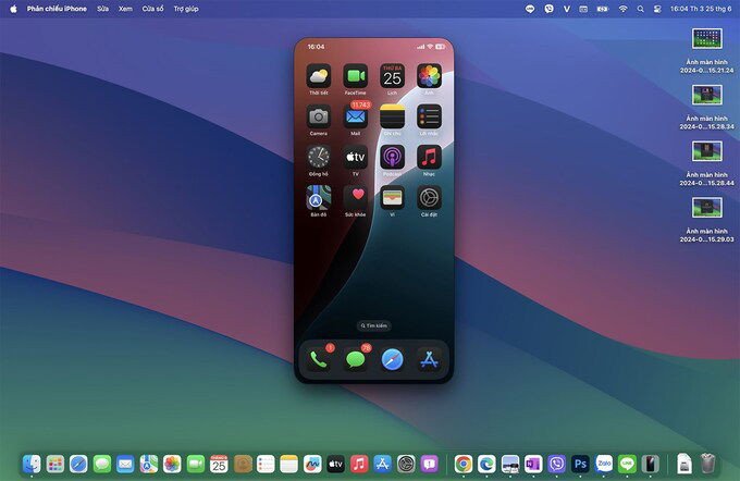 Màn hình iPhone được phản chiếu hoàn chỉnh lên MacBook qua iPhone Mirroring, hiển thị ứng dụng iOS.