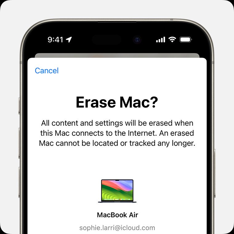 Màn hình iPhone hiển thị tùy chọn xóa dữ liệu macbook bị mất từ xa qua tính năng Find My.